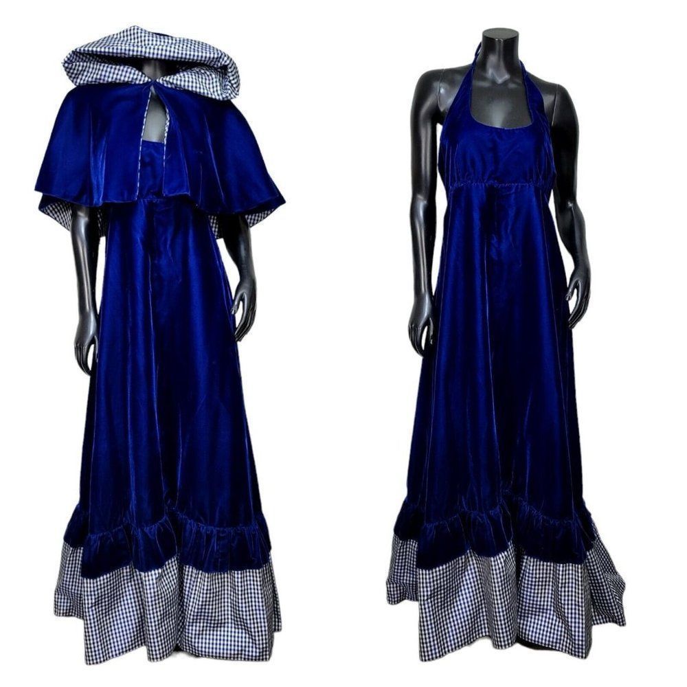 Vintage 70s‎ Royal Blue Velvet Maxi Dress & Hooded Cape Set Gingham Trim ILGWU